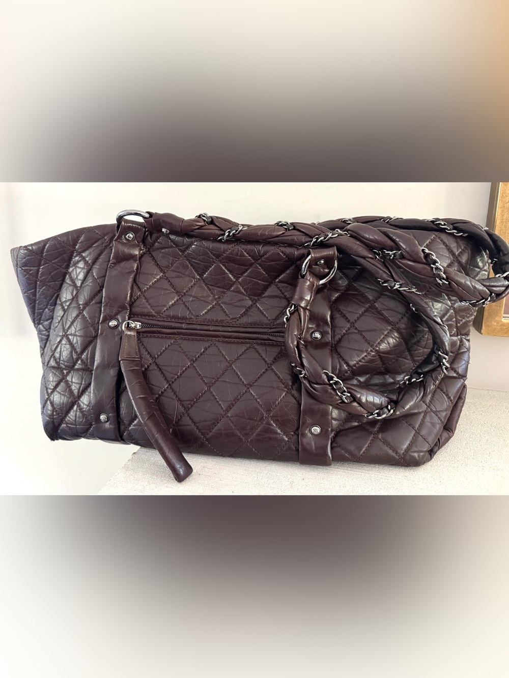CHANEL Vintage Quilted Leather XL Tote Deep Plum Slouchy Shoulder Bag - Picture 14 of 14